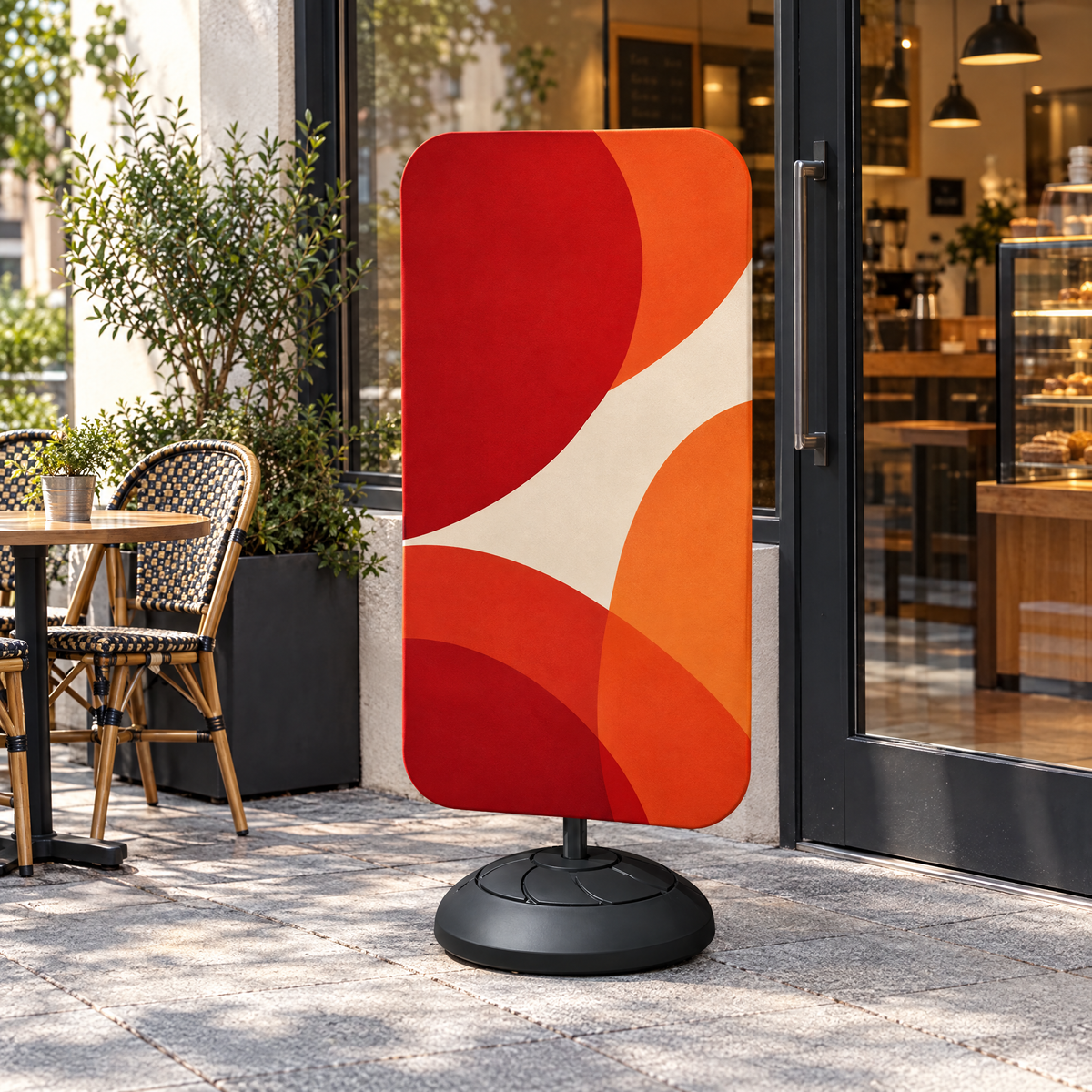 Panou A-Board pe bază cu apă, pe trotuar, în fața unei cafenele (imagine generată cu AI)