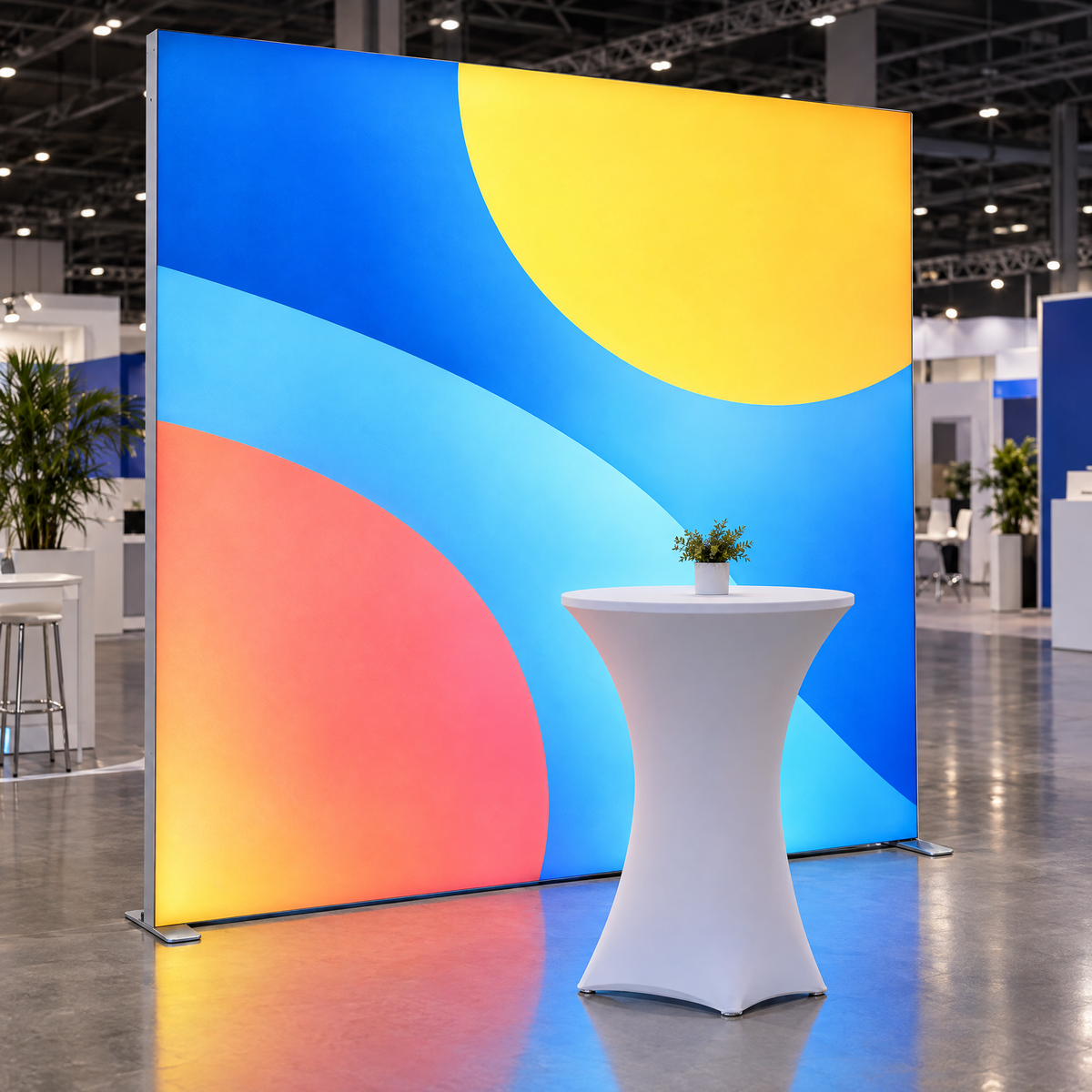 Casetă luminoasă LED într-o hală de expoziție, cu grafică abstractă albastru, galben și coral luminată din interior și o masă înaltă albă în față (imagine generată cu AI)