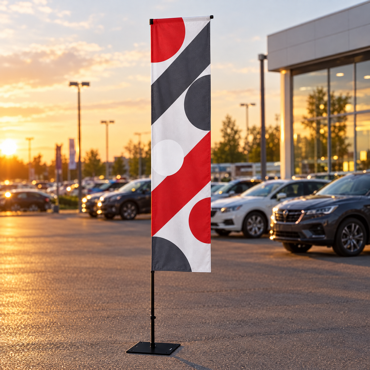 Beachflag drept în parcarea unei reprezentanțe auto, la apus, cu grafică roșie, gri închis și albă (imagine generată cu AI)