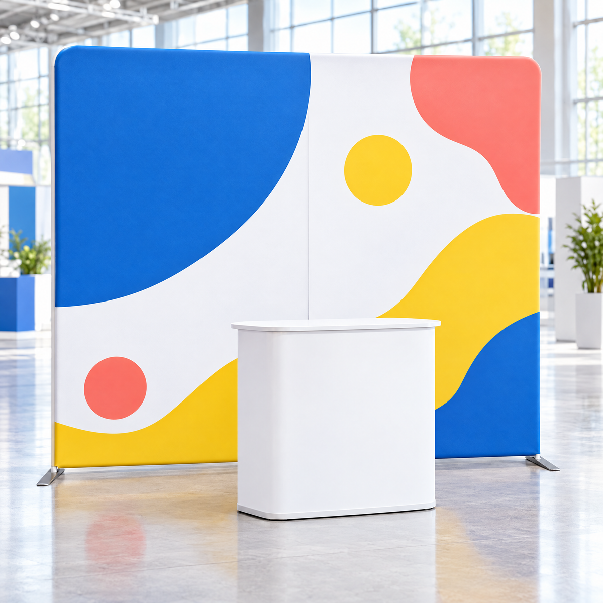 Perete textil drept de 3 × 2,3 m într-o hală de expoziție, cu grafică abstractă albastru, galben și coral și un pupitru alb în față (imagine generată cu AI)