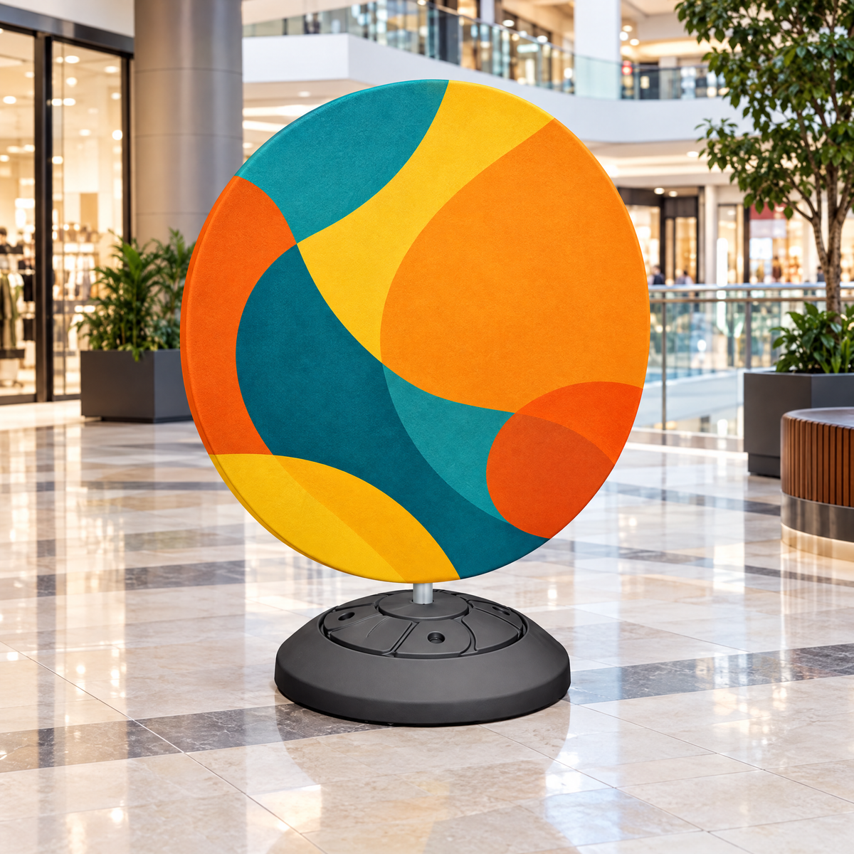 Totem Wheel rotund în atriumul unui centru comercial (imagine generată cu AI)