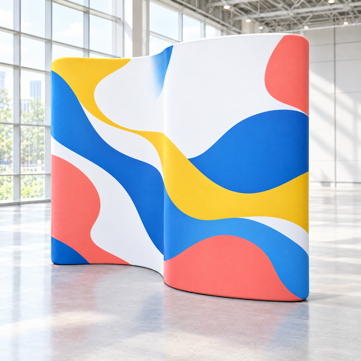 Perete textil wave în formă de S într-o hală de expoziție, cu grafică abstractă (imagine generată cu AI)