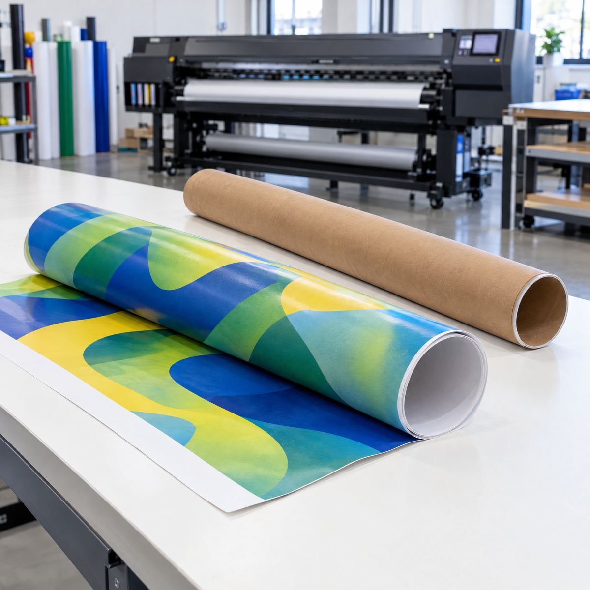 Autocolant printat rulat pentru livrare, lângă un tub de carton (imagine generată cu AI)
