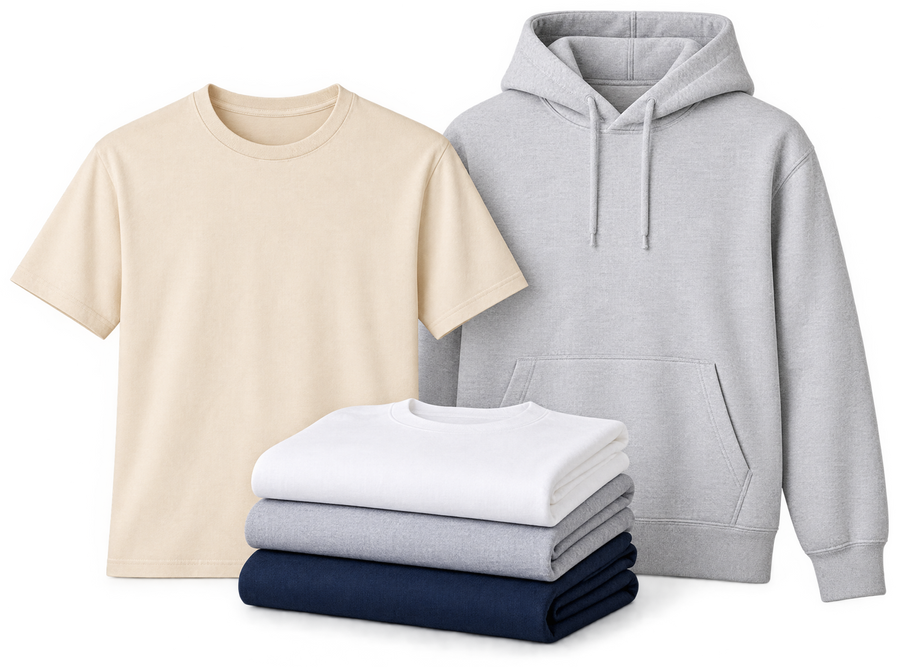 Tricou crem, hanorac gri și tricouri împăturite, fără imprimare