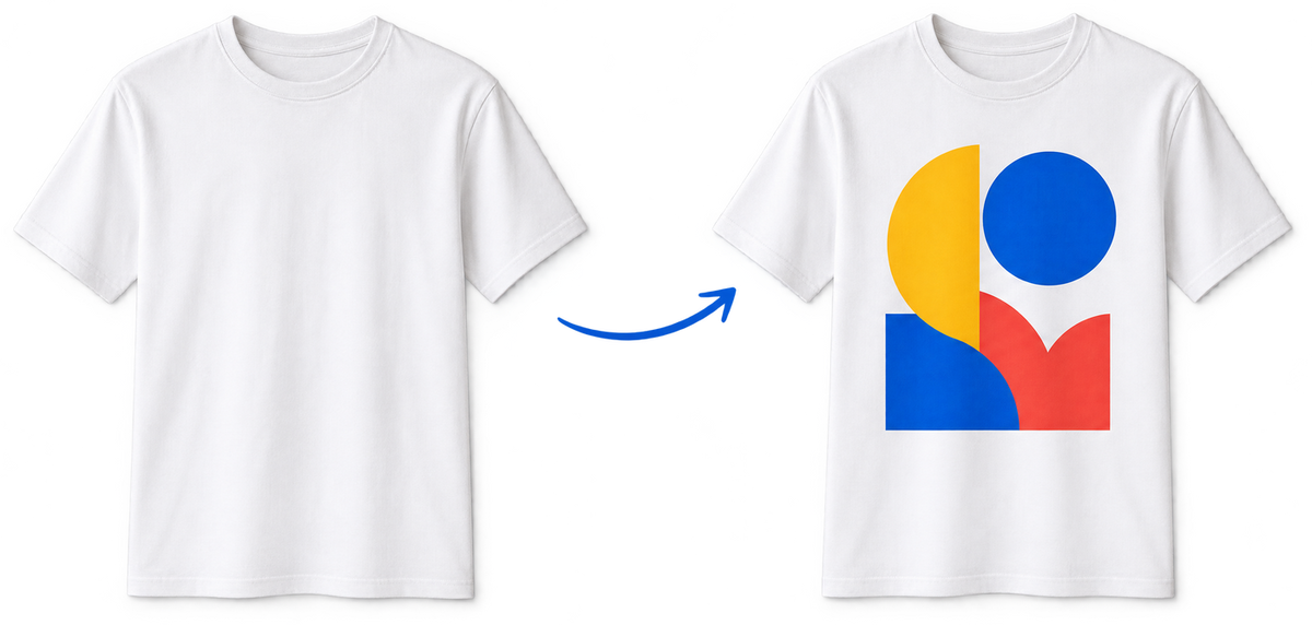 Tricou alb simplu și același tricou personalizat cu forme colorate, legate de o săgeată