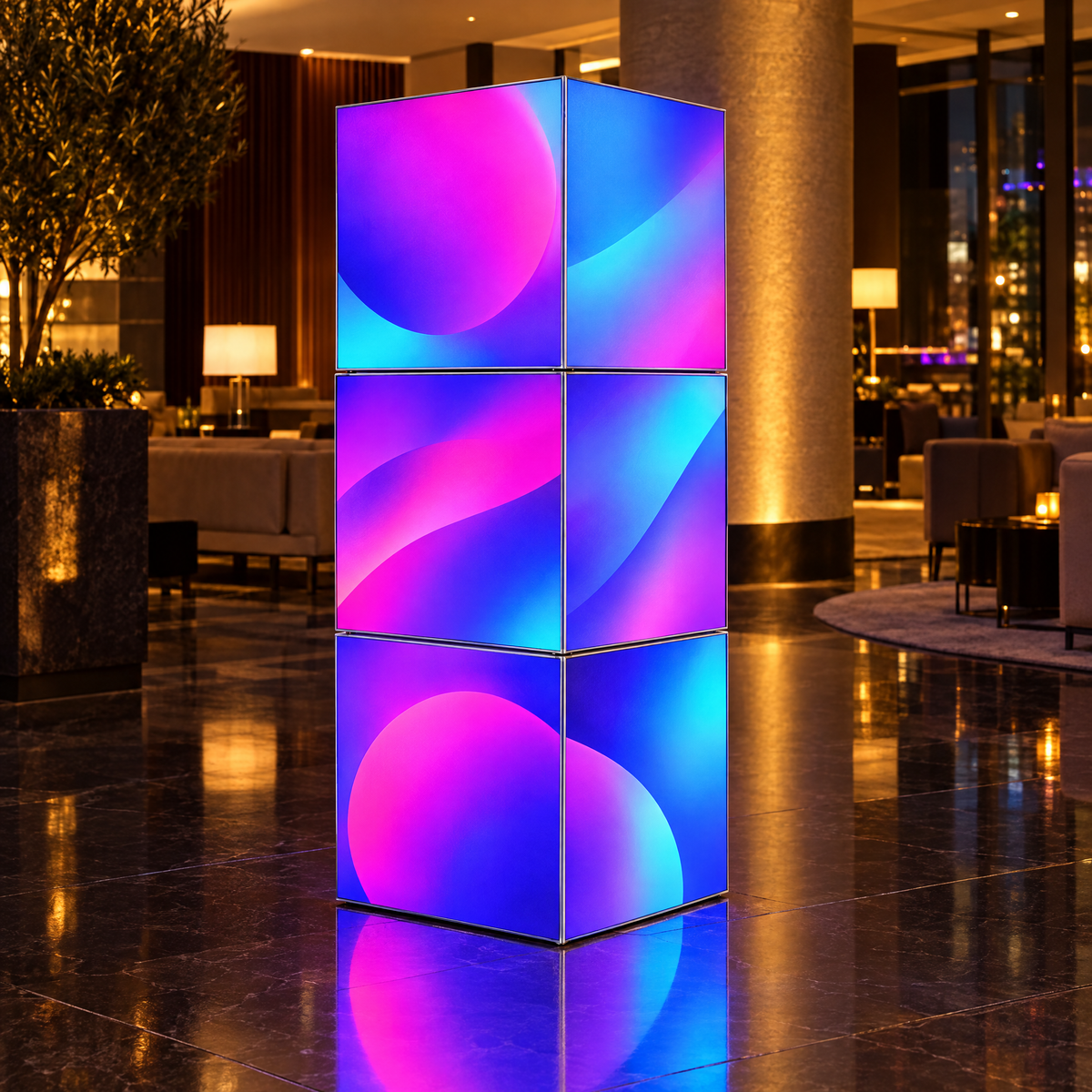 Trei cuburi luminoase puse unul peste altul, ca un totem, într-un hol de hotel (imagine generată cu AI)