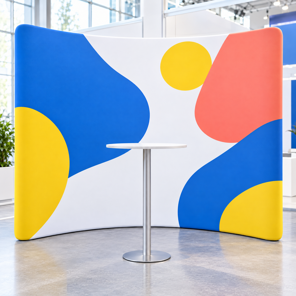 Perete textil curb de 3 m într-un stand, cu grafică abstractă și o masă înaltă în față (imagine generată cu AI)