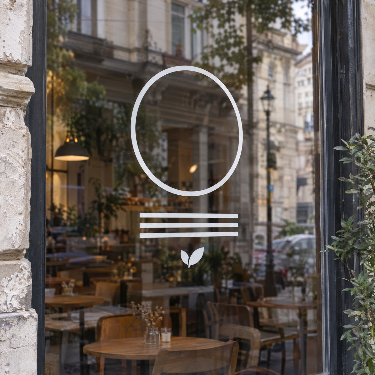 Forme decupate din folie albă mată, lipite pe vitrina unei cafenele (imagine generată cu AI)