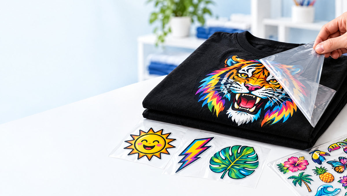Tricou negru cu un transfer DTF color cu un tigru, cu folia transparentă dezlipită, lângă transferuri tăiate pe film