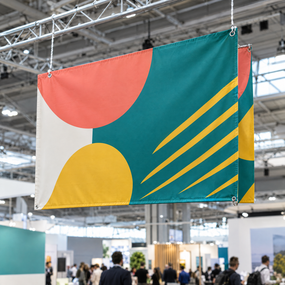 Banner față-verso suspendat deasupra unui stand de expoziție, printat pe ambele fețe (imagine generată cu AI) Imagine principală a produsului