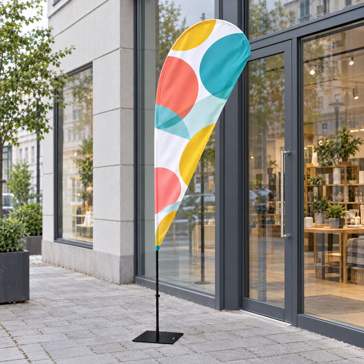 Beachflag lacrimă lângă intrarea unui magazin, cu grafică abstractă din cercuri turcoaz, coral și galbene (imagine generată cu AI) Imagine principală a produsului
