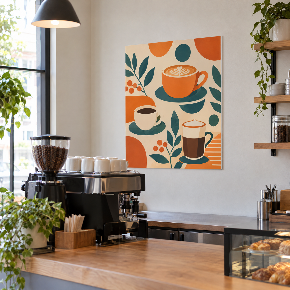 Panou forex alb cu o ilustrație cu cești de cafea, pe peretele din spatele tejghelei unei cafenele (imagine generată cu AI)