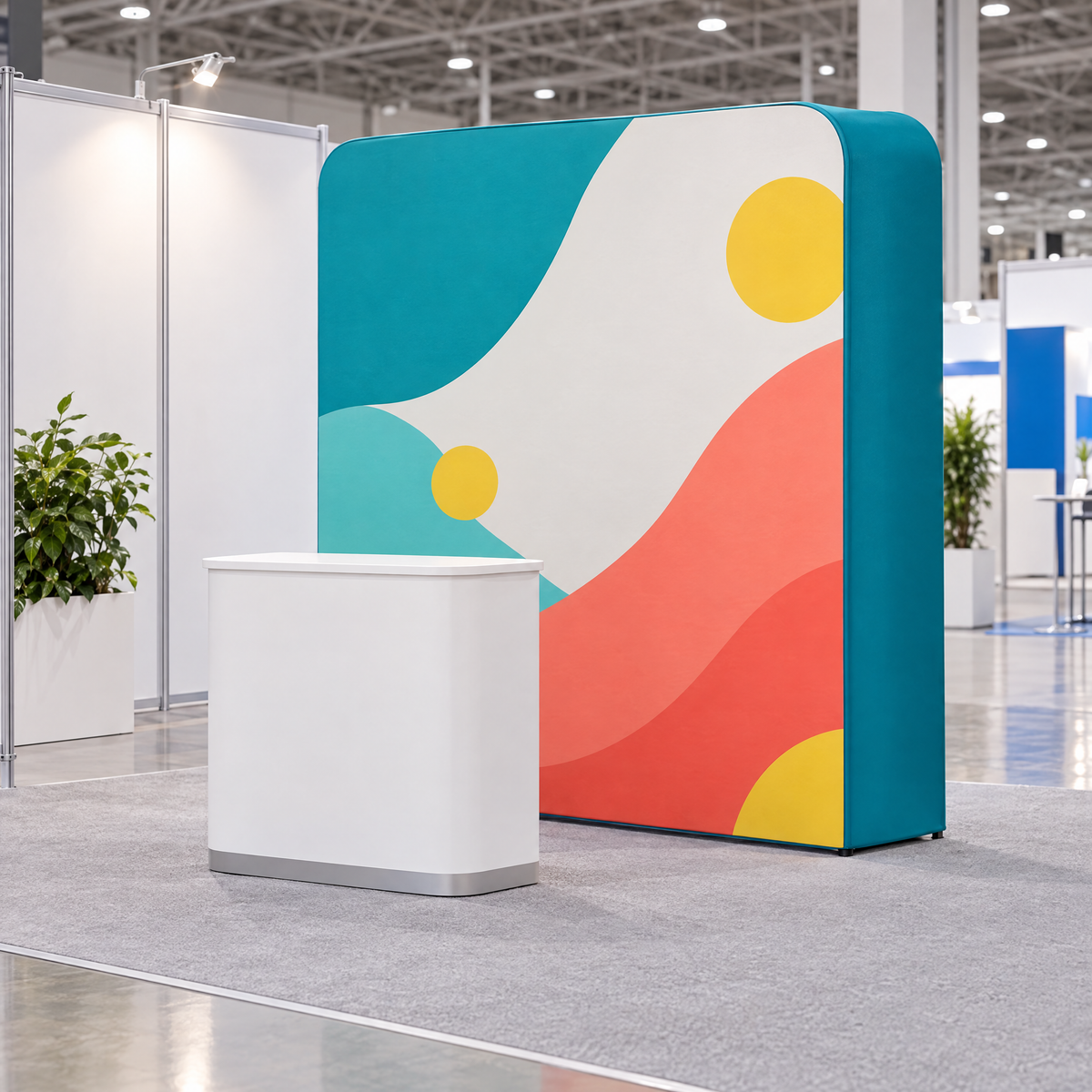 Perete textil 3D ca fundal de stand într-o hală de expoziție, cu grafică abstractă turcoaz, coral și galbenă și un pupitru alb în față (imagine generată cu AI) Imagine principală a produsului
