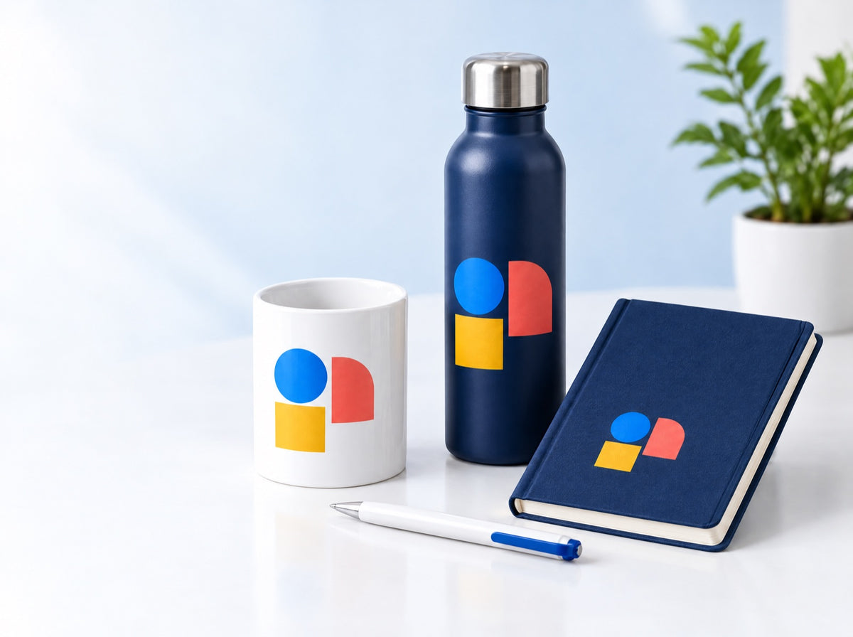 Cană albă, sticlă bleumarin și agendă cu același model grafic colorat, lângă un pix alb