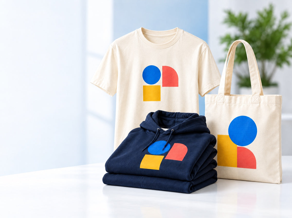 Tricou crem, hanorac bleumarin și sacoșă din pânză, cu același model grafic colorat imprimat