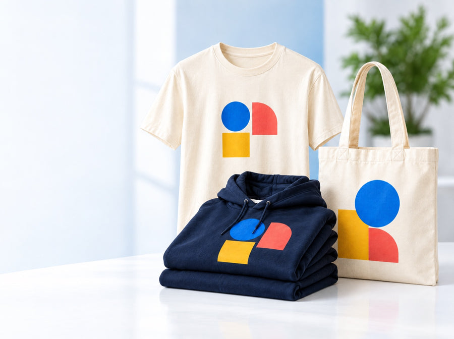 Tricou, hanorac și sacoșă personalizate cu forme colorate