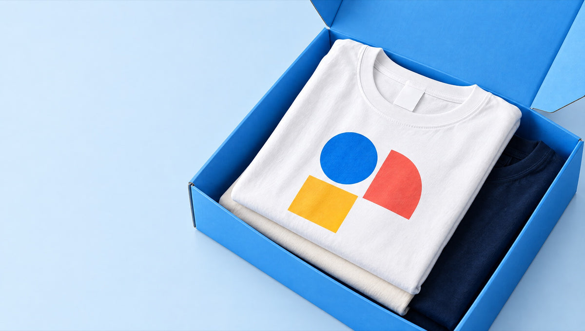 Tricou personalizat cu forme colorate, așezat într-o cutie albastră