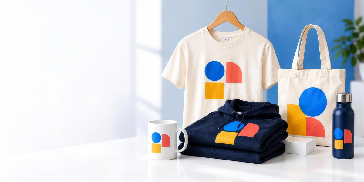 Tricou crem pe umeraș, hanorac bleumarin, sacoșă din pânză, cană și sticlă, toate cu același model grafic colorat