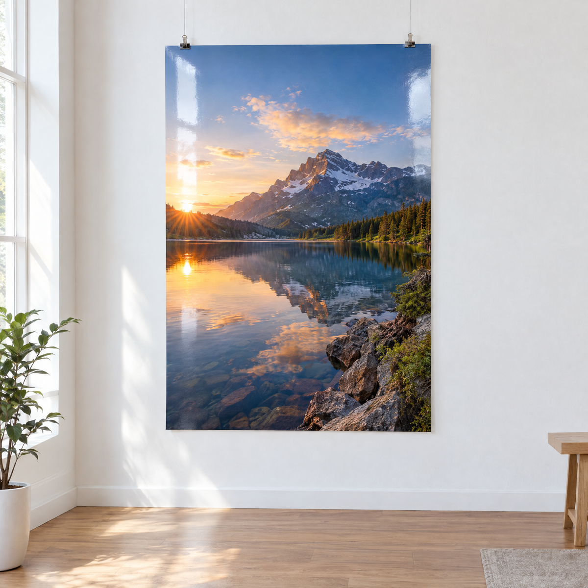 Poster foto lucios cu un lac de munte, prins pe un perete alb (imagine generată cu AI)