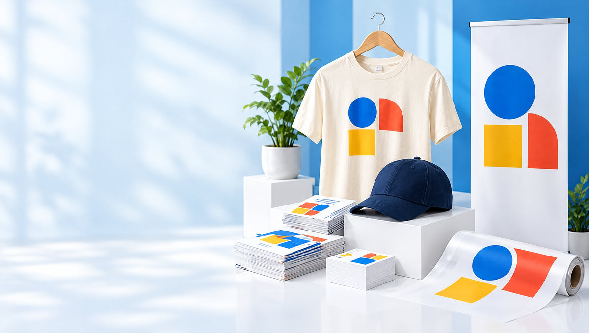Tricou crem pe umeraș, șapcă bleumarin, roll-up, flyere, cărți de vizită și rolă de folie printate cu aceleași forme colorate