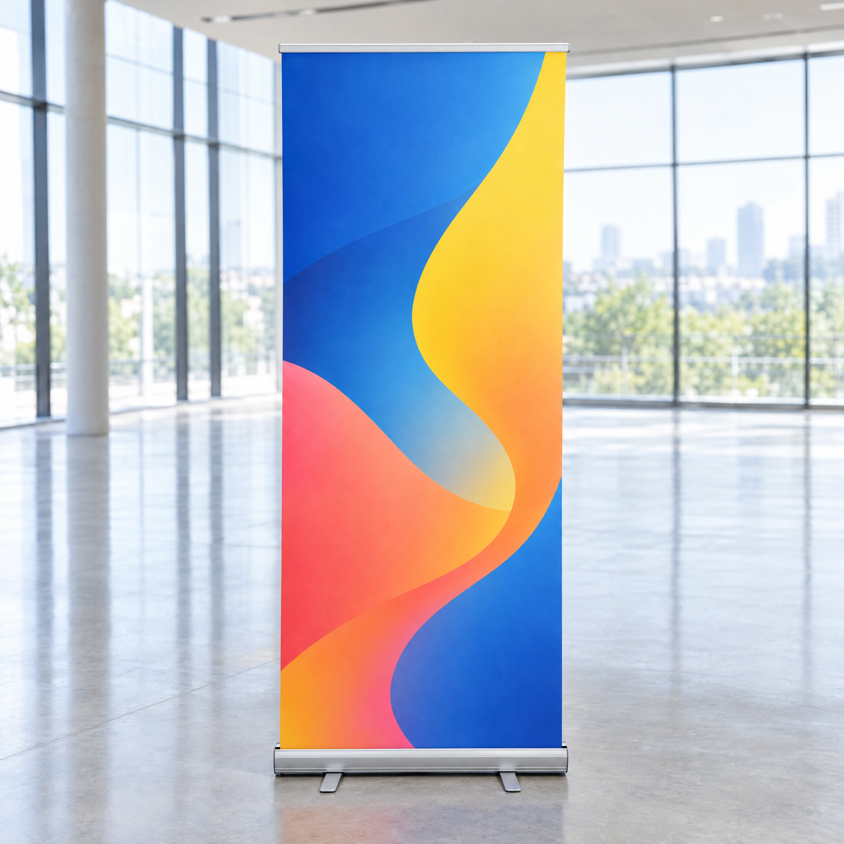 Roll-up de 85 × 200 cm cu grafică color, într-o sală de evenimente (imagine generată cu AI) Imagine principală a produsului