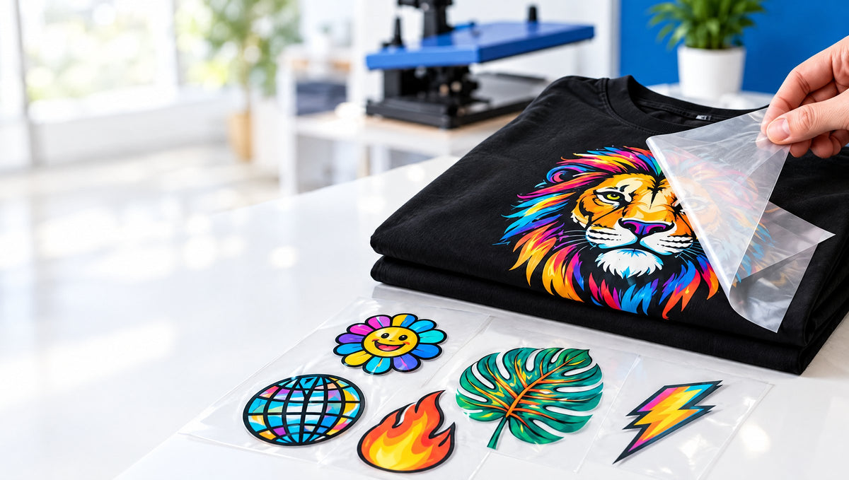 Tricou negru cu un leu colorat printat prin transfer DTF, cu folia transparentă dezlipită, și transferuri tăiate pe masă
